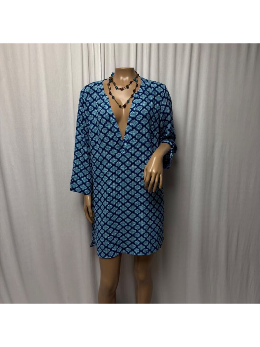 Cover 2 Cover Blue Tunic Dress Size Large Deep V Neck Long Sleeve Lightweight